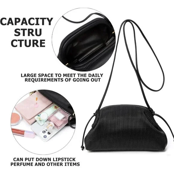 Women's Black Soft Cloud Bag Fashion Dumpling With Ruched Pouch Crossbody Bag - Picture 5 of 6